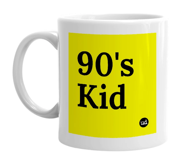White mug with '90's Kid' in bold black letters