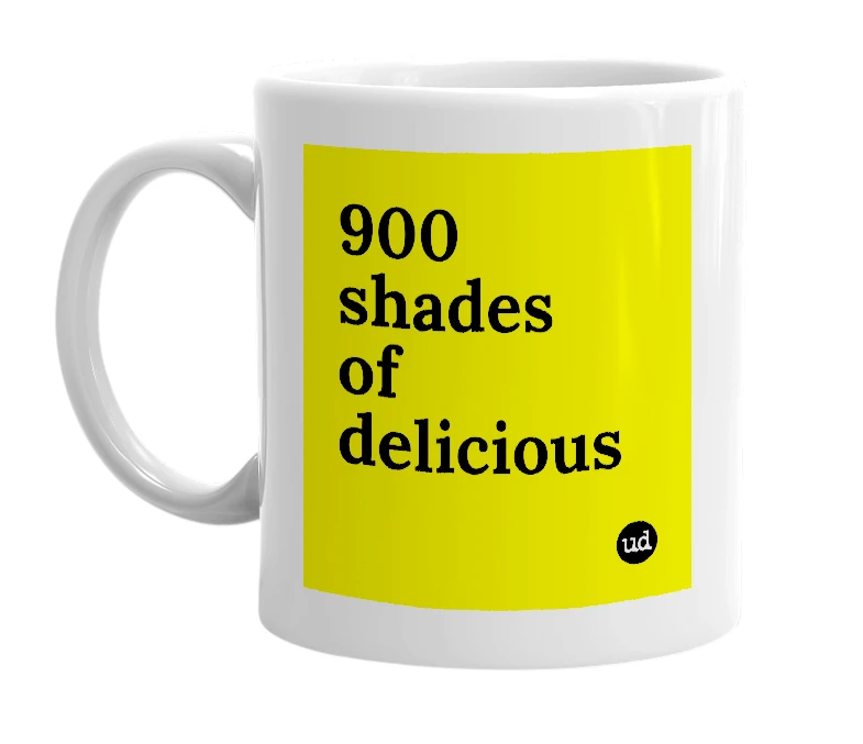 White mug with '900 shades of delicious' in bold black letters