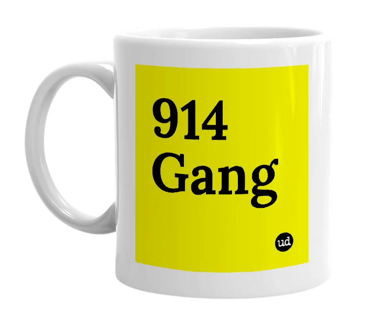 White mug with '914 Gang' in bold black letters