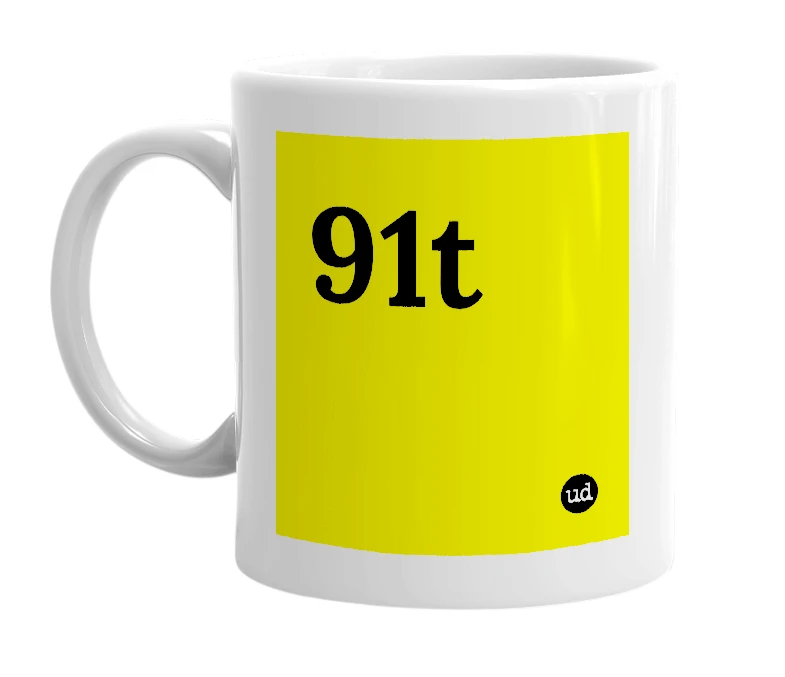 White mug with '91t' in bold black letters