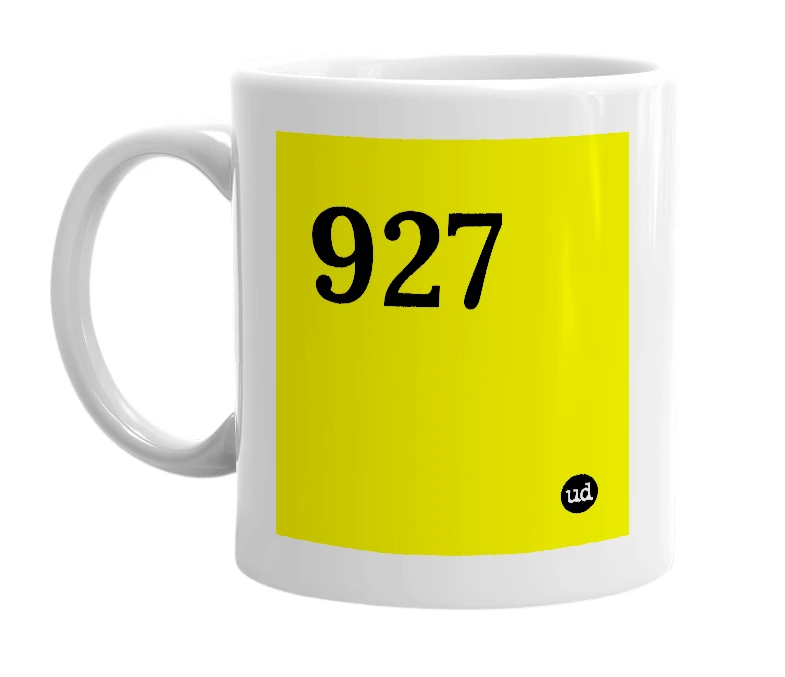 White mug with '927' in bold black letters