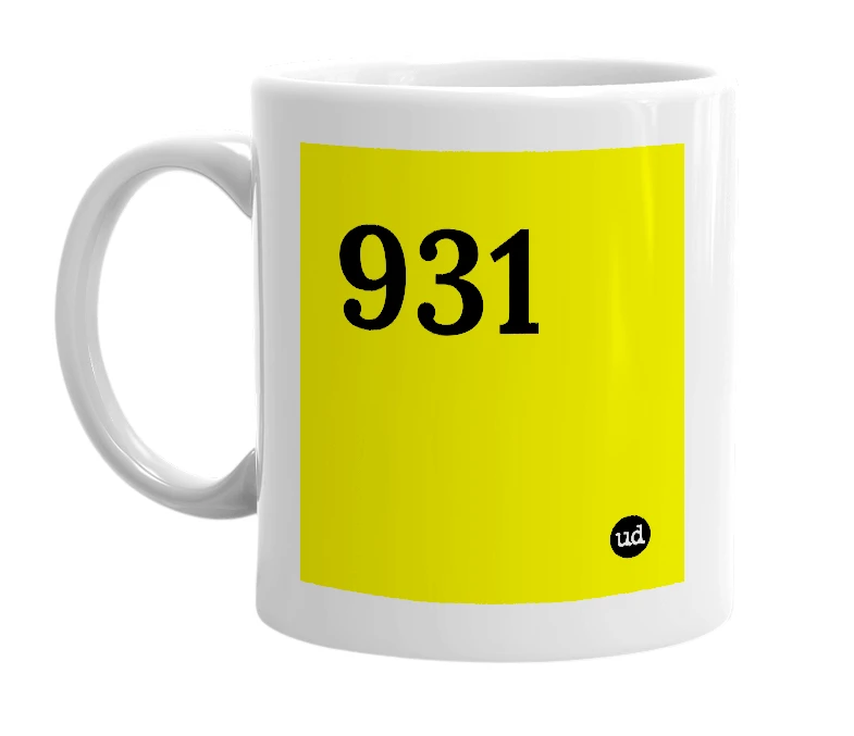 White mug with '931' in bold black letters