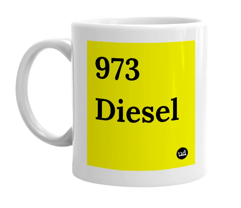 White mug with '973 Diesel' in bold black letters