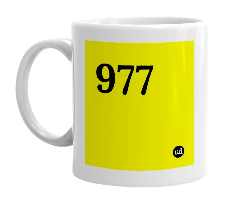 White mug with '977' in bold black letters