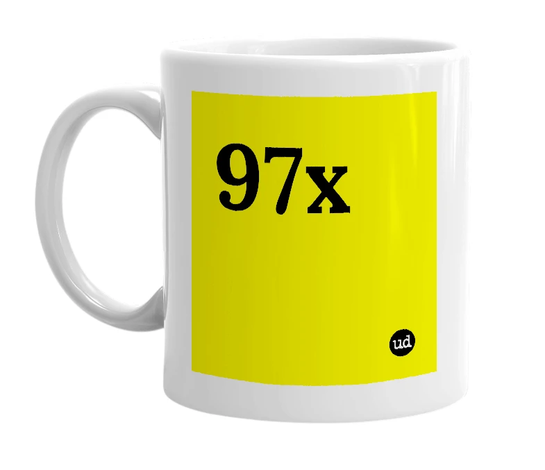White mug with '97x' in bold black letters