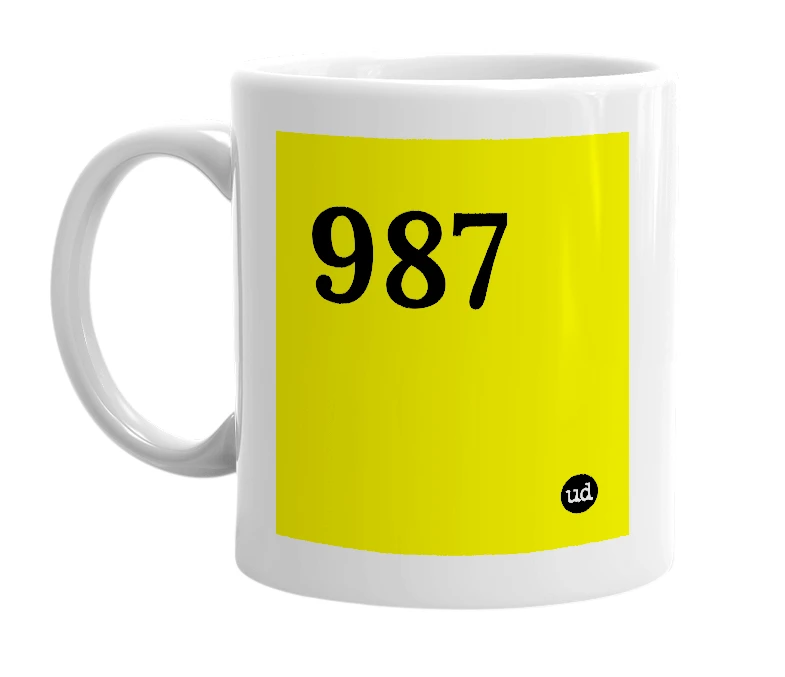 White mug with '987' in bold black letters