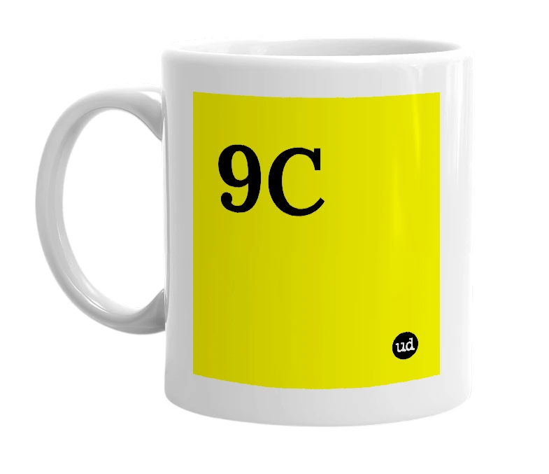 White mug with '9C' in bold black letters