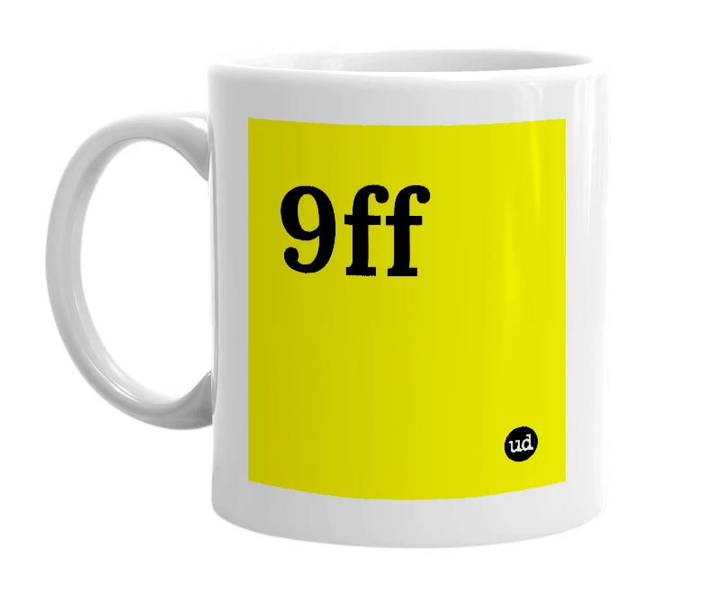 White mug with '9ff' in bold black letters