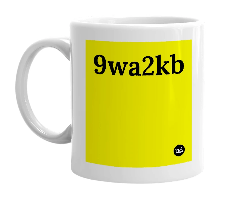 White mug with '9wa2kb' in bold black letters