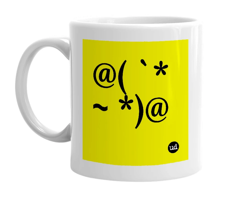 White mug with '@( `* ~ *)@' in bold black letters