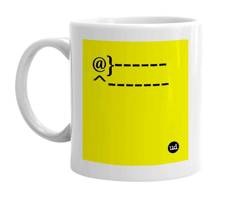 White mug with '@}------^-------' in bold black letters