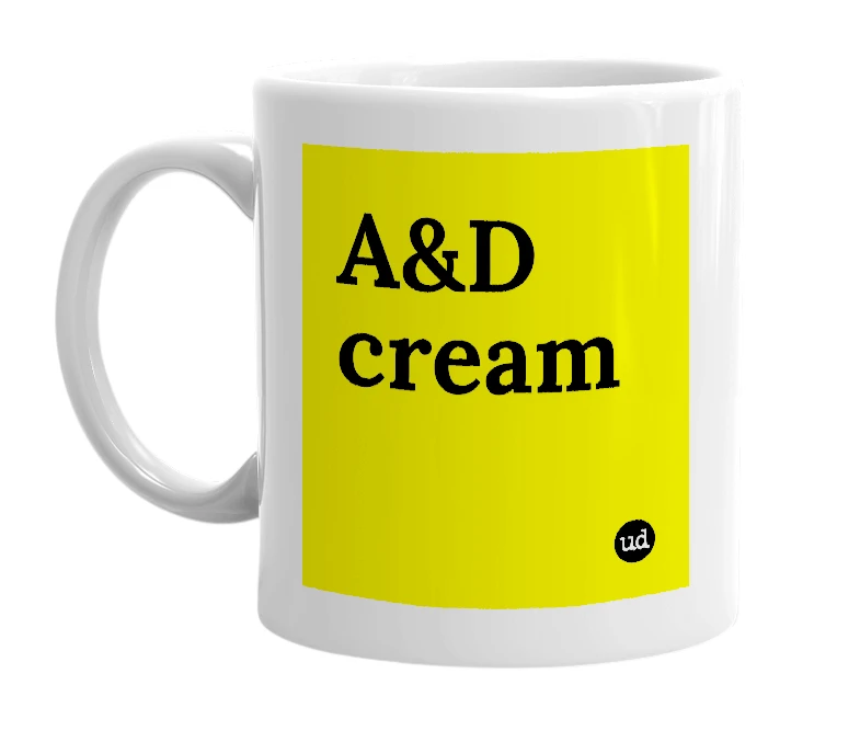 White mug with 'A&D cream' in bold black letters