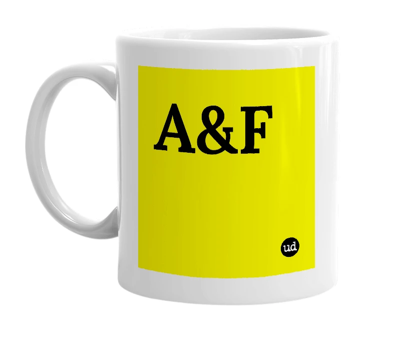 White mug with 'A&F' in bold black letters