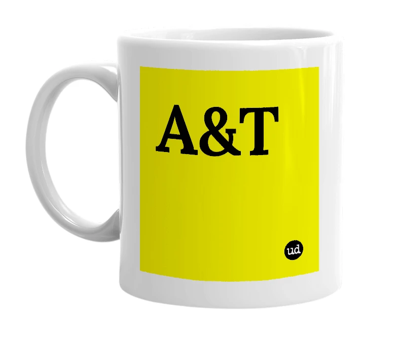 White mug with 'A&T' in bold black letters