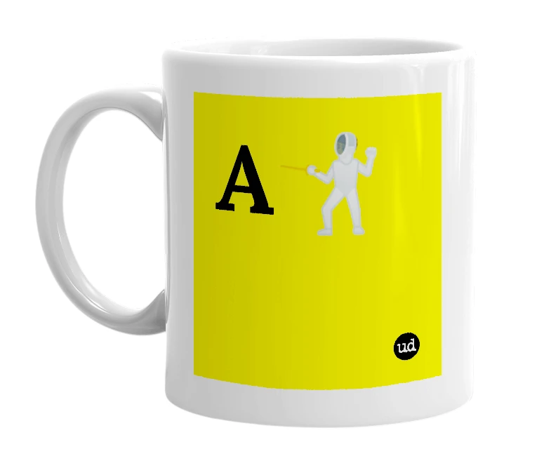 White mug with 'A🤺' in bold black letters
