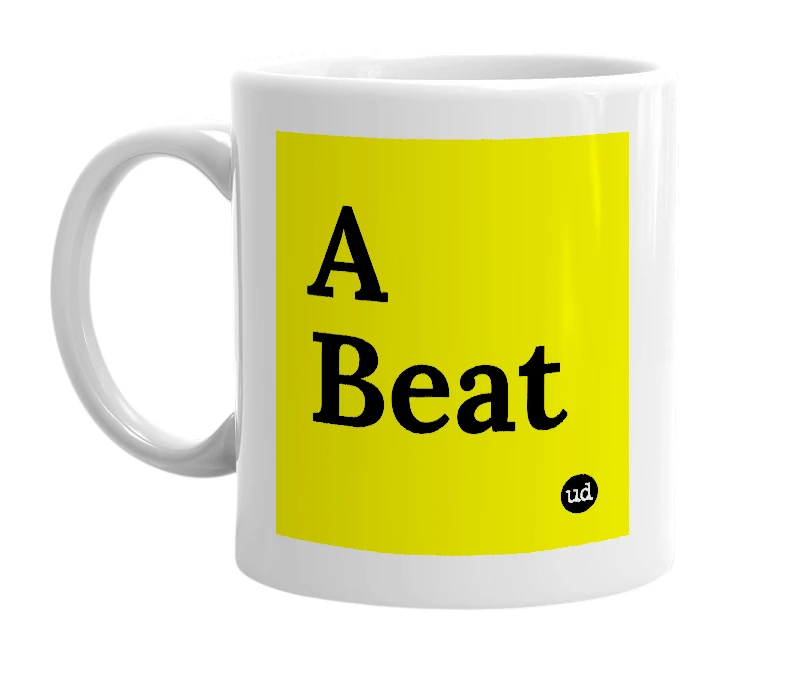 White mug with 'A Beat' in bold black letters