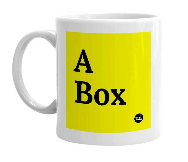 White mug with 'A Box' in bold black letters