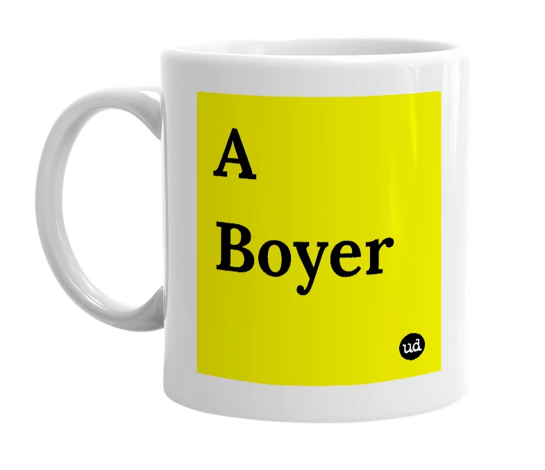 White mug with 'A Boyer' in bold black letters