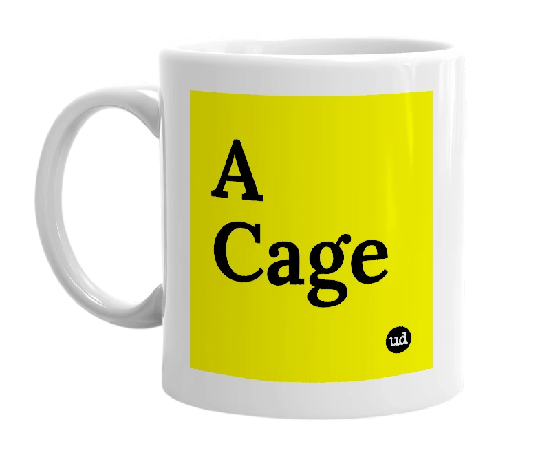 White mug with 'A Cage' in bold black letters