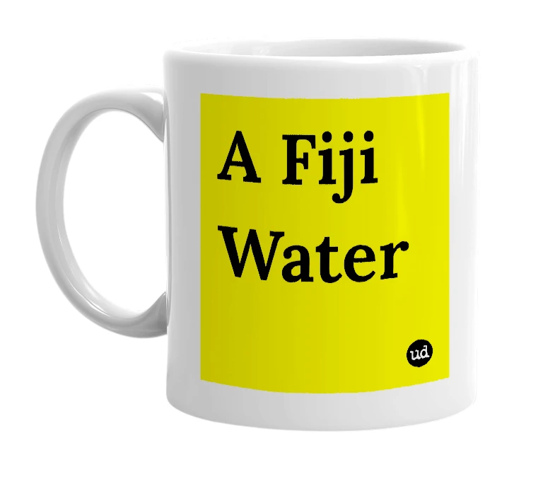 White mug with 'A Fiji Water' in bold black letters