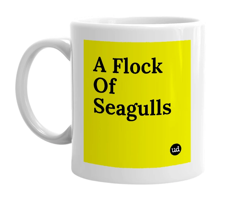White mug with 'A Flock Of Seagulls' in bold black letters