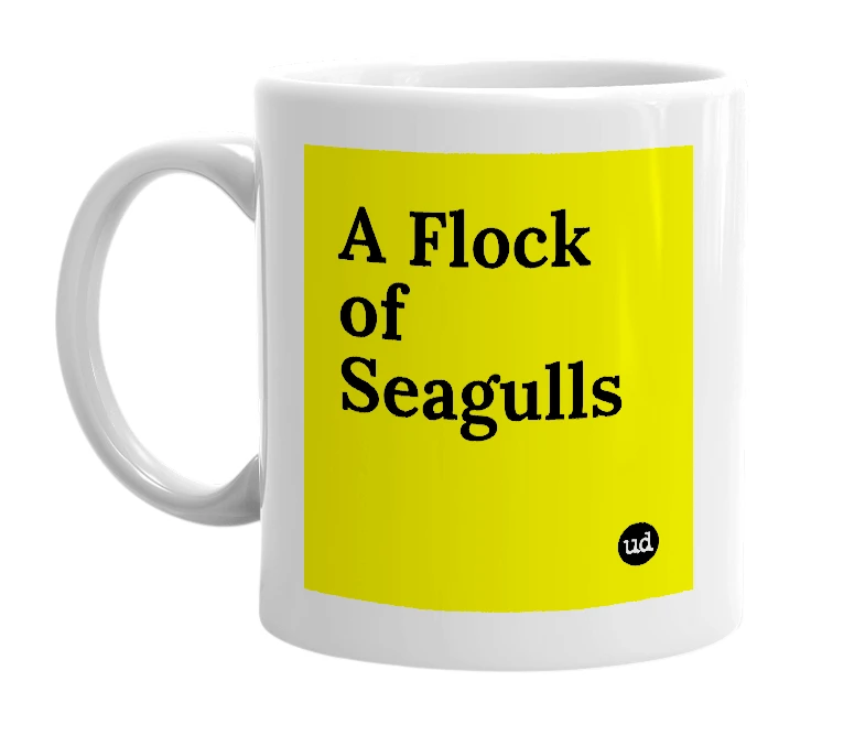 White mug with 'A Flock of Seagulls' in bold black letters