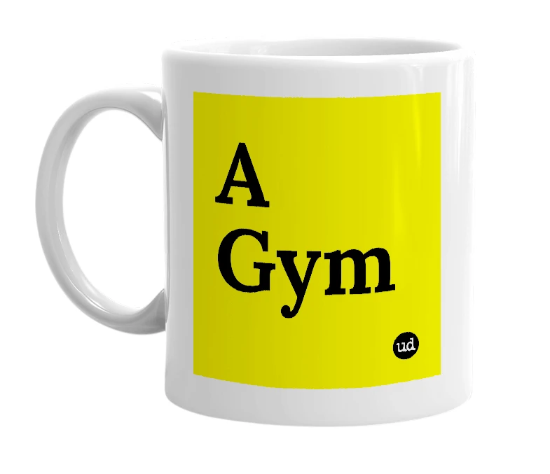 White mug with 'A Gym' in bold black letters