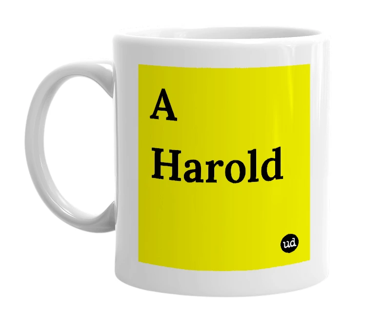 White mug with 'A Harold' in bold black letters