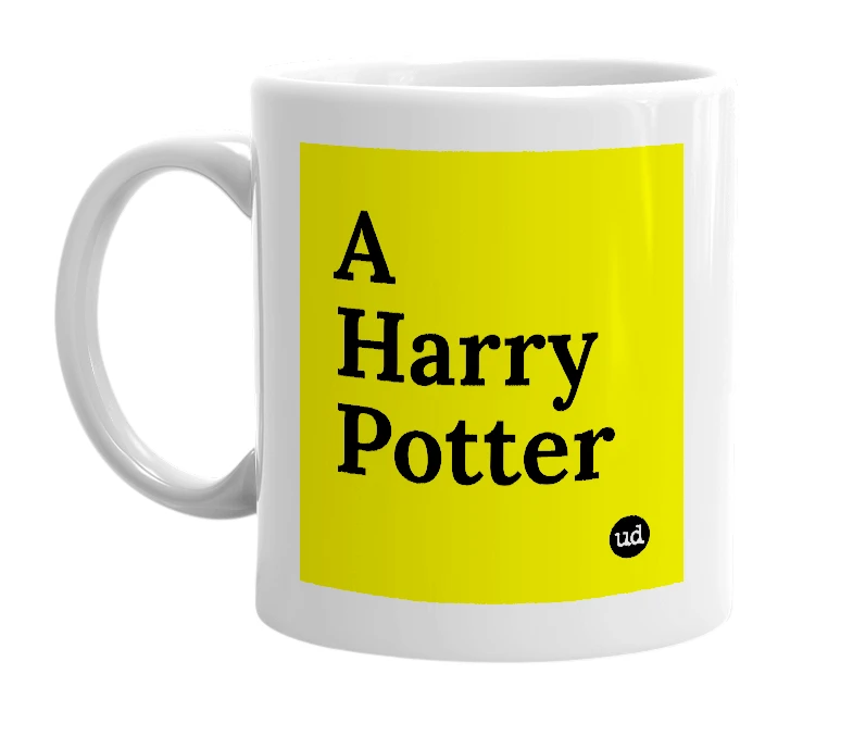 White mug with 'A Harry Potter' in bold black letters