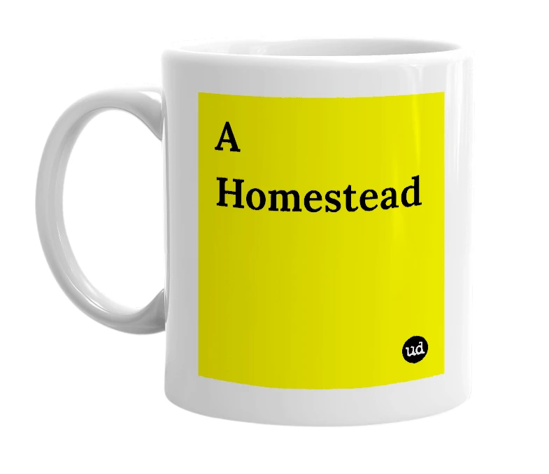 White mug with 'A Homestead' in bold black letters