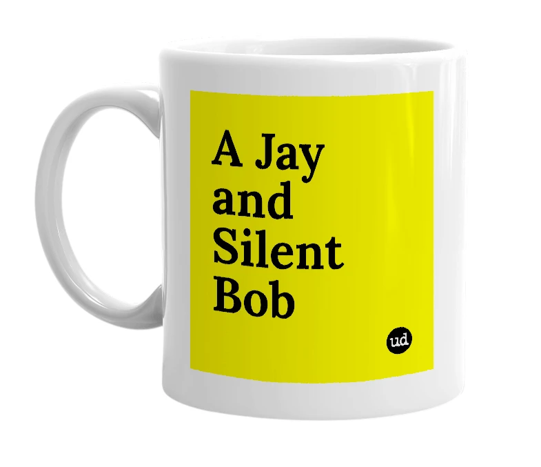 White mug with 'A Jay and Silent Bob' in bold black letters