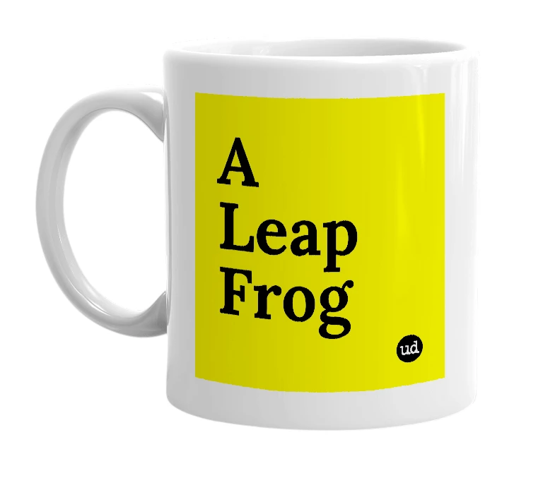 White mug with 'A Leap Frog' in bold black letters