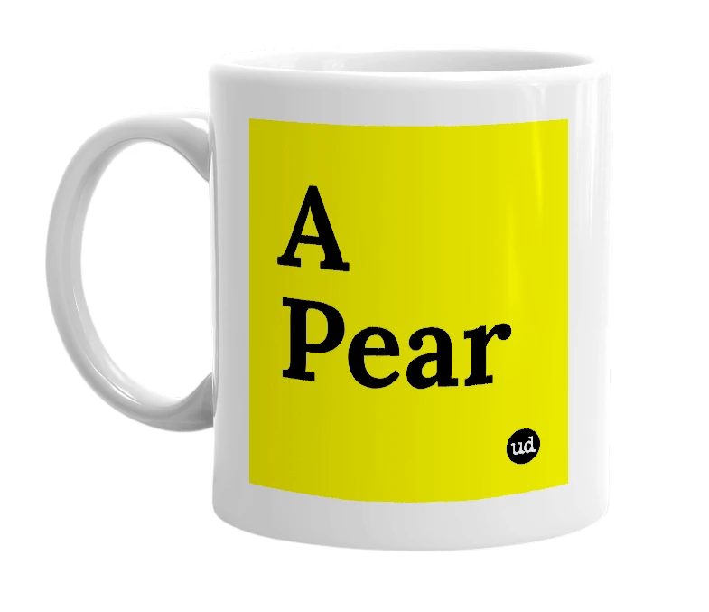 White mug with 'A Pear' in bold black letters