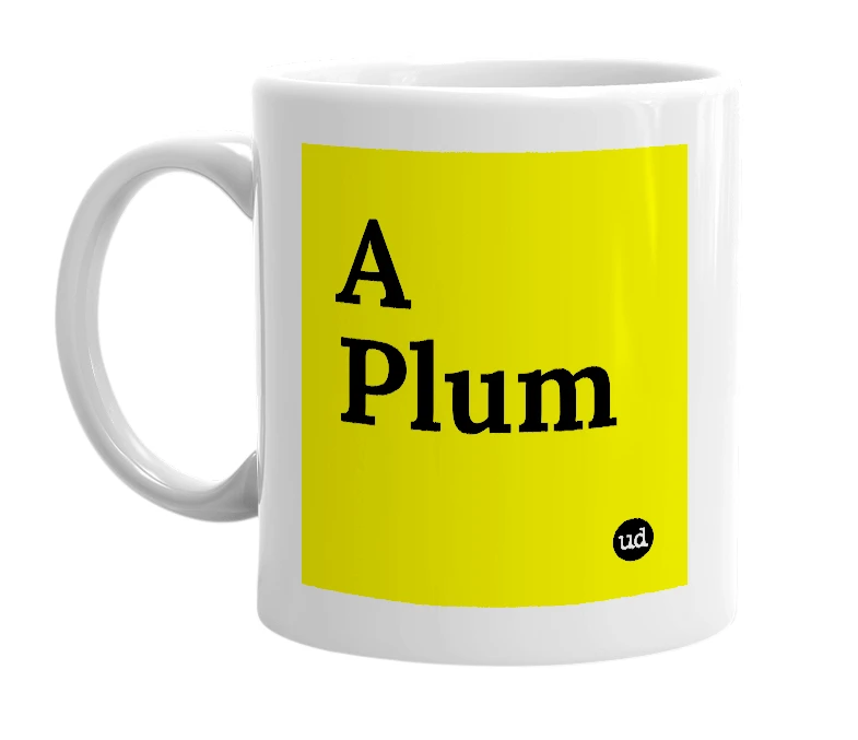 White mug with 'A Plum' in bold black letters