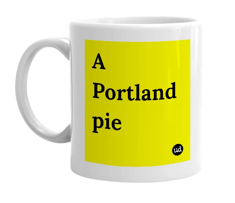 White mug with 'A Portland pie' in bold black letters