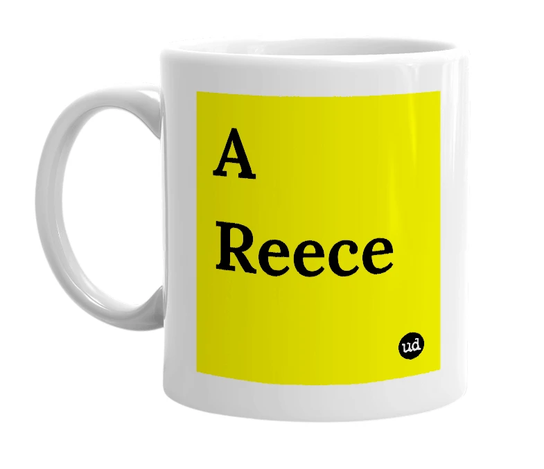 White mug with 'A Reece' in bold black letters