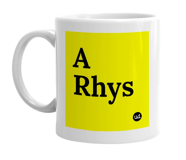 White mug with 'A Rhys' in bold black letters