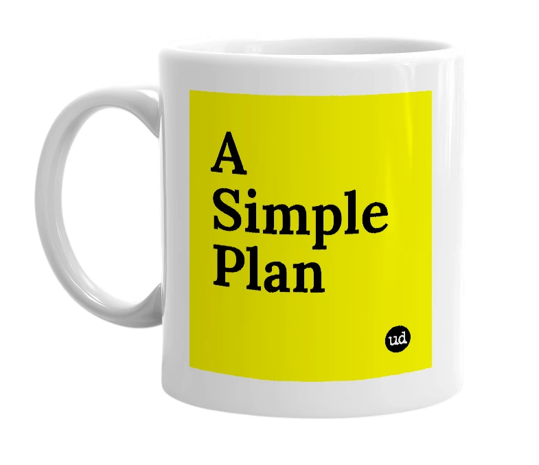 White mug with 'A Simple Plan' in bold black letters