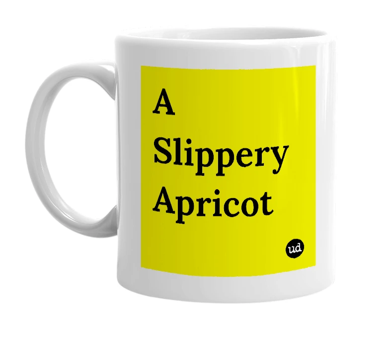White mug with 'A Slippery Apricot' in bold black letters