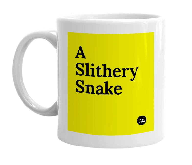 White mug with 'A Slithery Snake' in bold black letters