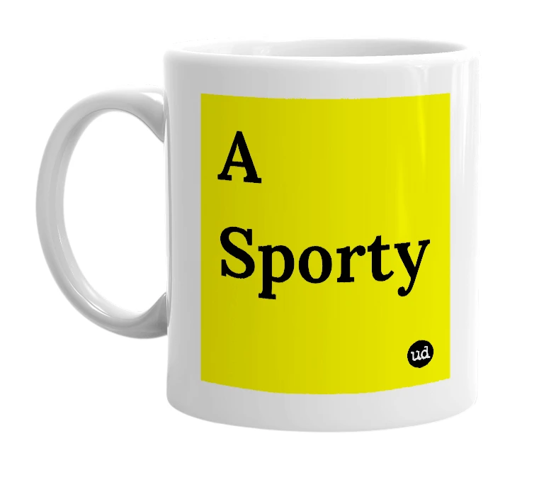 White mug with 'A Sporty' in bold black letters