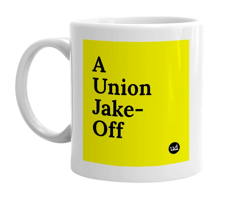 White mug with 'A Union Jake-Off' in bold black letters