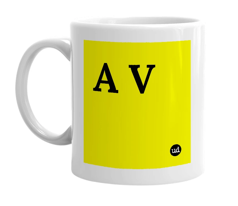 White mug with 'A V' in bold black letters