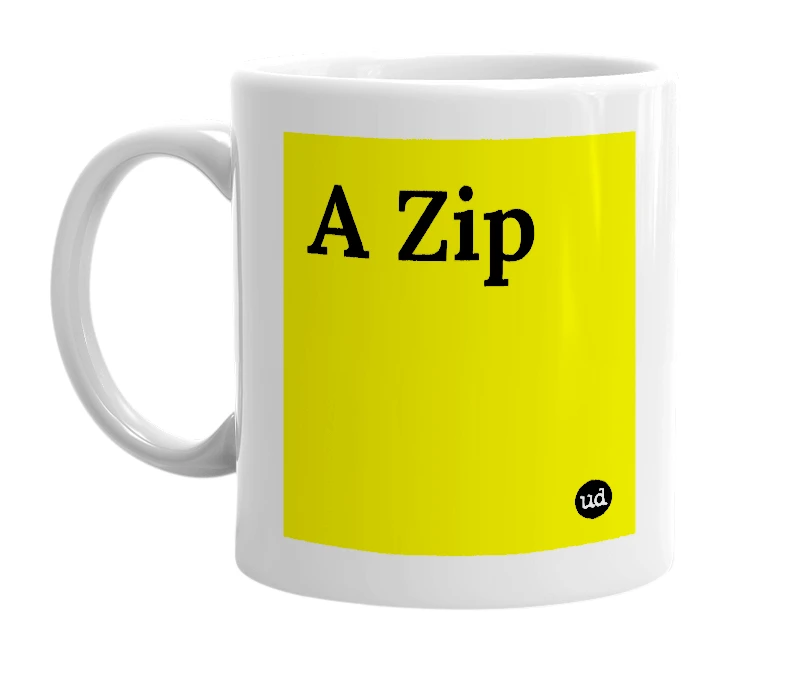 White mug with 'A Zip' in bold black letters