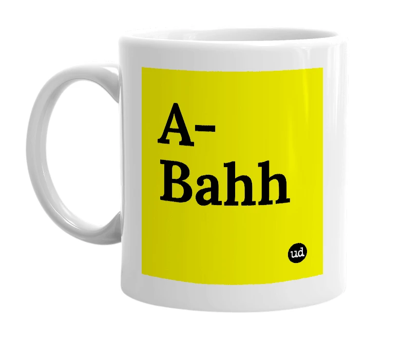 White mug with 'A-Bahh' in bold black letters