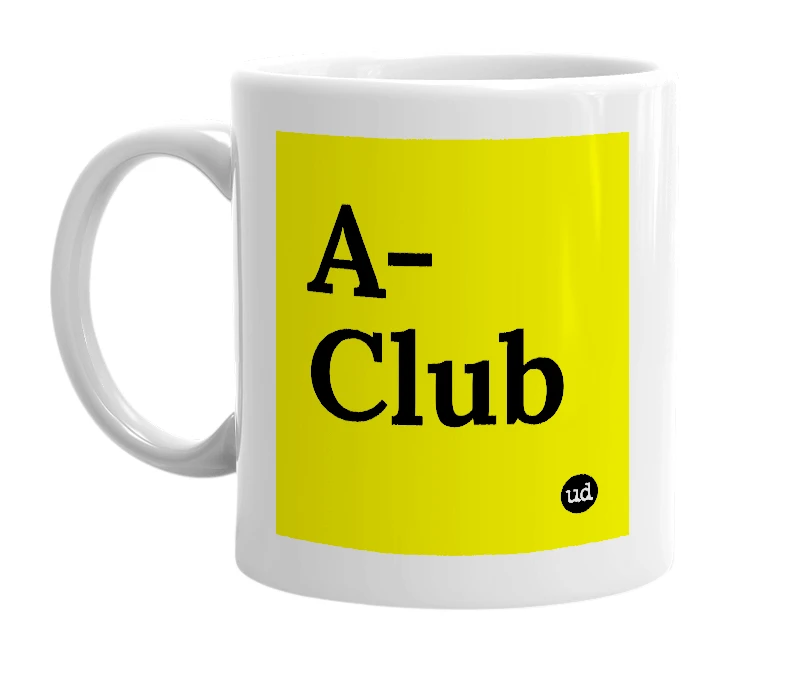 White mug with 'A-Club' in bold black letters