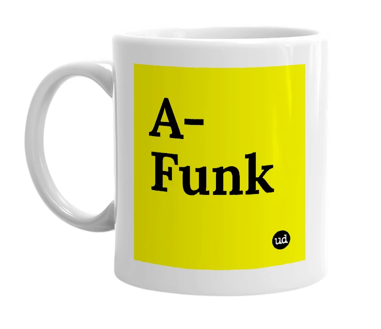 White mug with 'A-Funk' in bold black letters