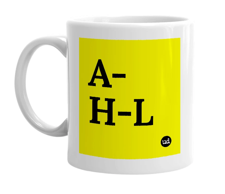 White mug with 'A-H-L' in bold black letters