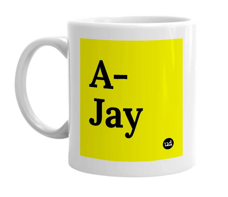 White mug with 'A-Jay' in bold black letters