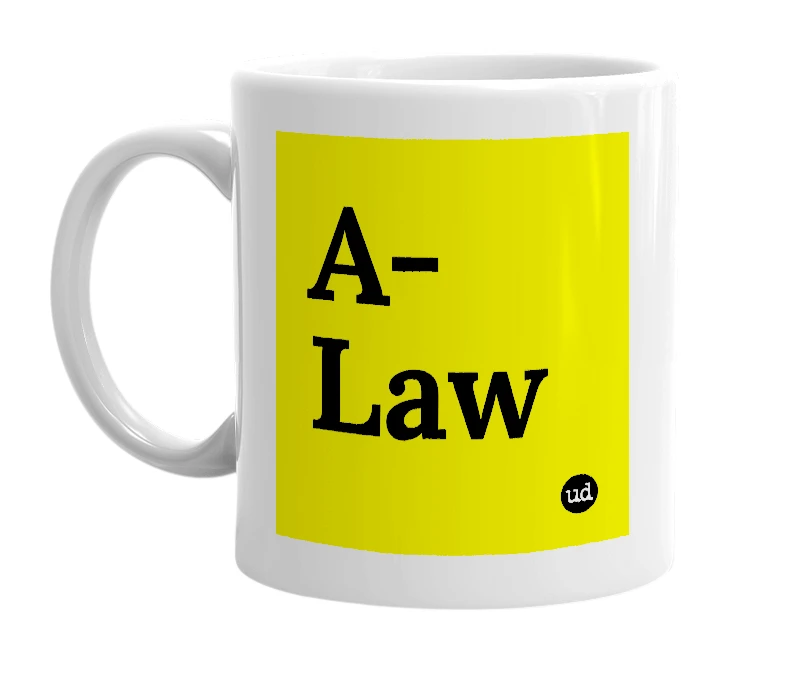 White mug with 'A-Law' in bold black letters